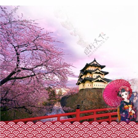 紫粉色浪漫樱花日本旅游装饰元素