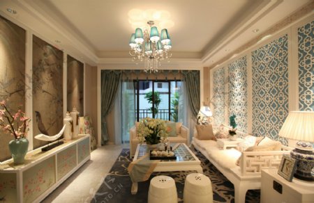 中式客厅沙发花纹背景装修效果图