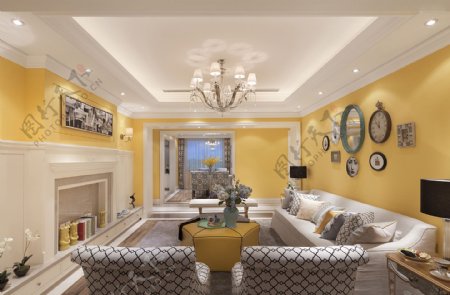欧式客厅圆形黄色茶几装修效果图