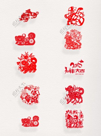 红色剪纸中国风狗年剪纸素材