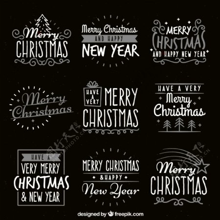 9款白色圣诞和新年快乐艺术字矢量