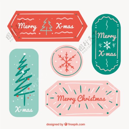 5款彩绘圣诞节快乐标签矢量素材