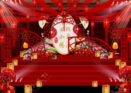 喜庆红中式风格红绸带婚庆背景婚礼效果图
