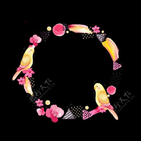 清新可爱黄色小鸟手绘花环装饰元素