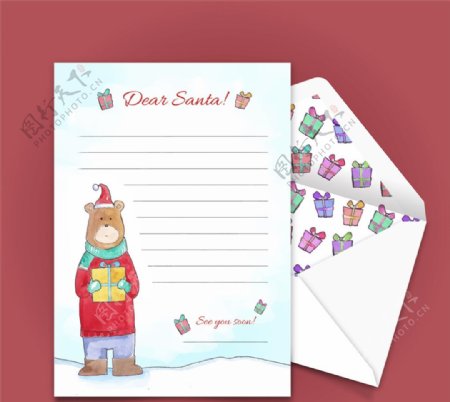 彩绘熊圣诞节信封和信纸矢量图