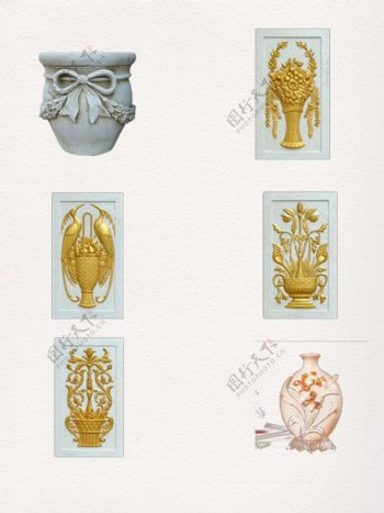 一组金色欧式花瓶浮雕