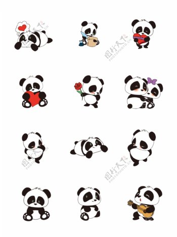 熊猫素材卡通元素装饰图案集合设计模板