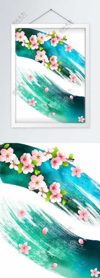 中国风水墨彩色桃花手绘创意装饰画