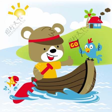 小熊划船加油可爱动漫图