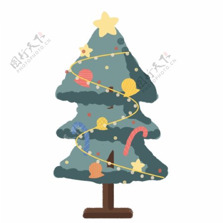 手绘卡通星星铃铛彩灯礼物装饰精美的圣诞树