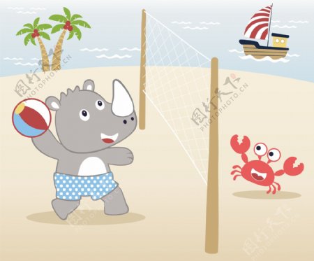 可爱海边运动大象儿童插画