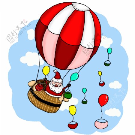 圣诞节热气球圣诞老人发礼物卡通插画手绘