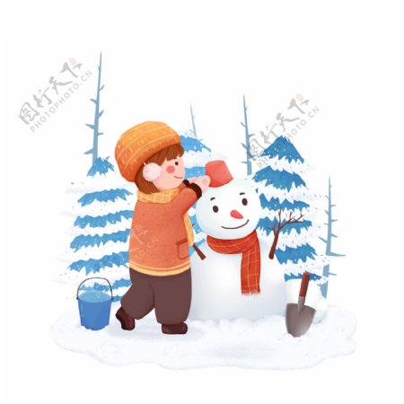 二十四节气大雪女孩堆雪人树林手绘插画素材