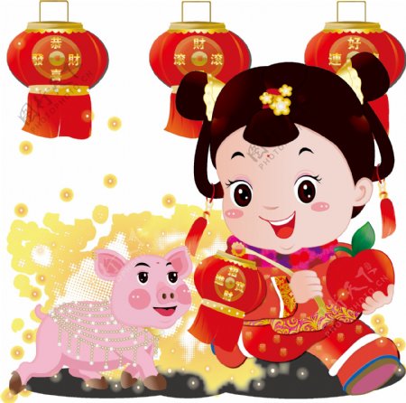 新年灯笼猪年贺新年福娃动物猪元素