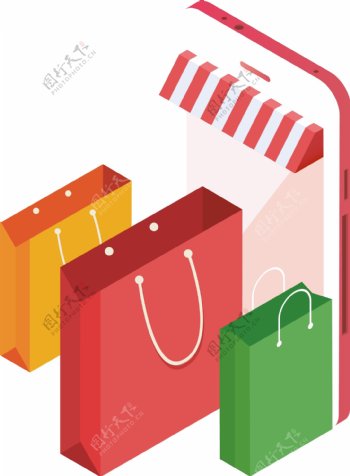 手绘卡通用购物袋形象展示手机网上购物