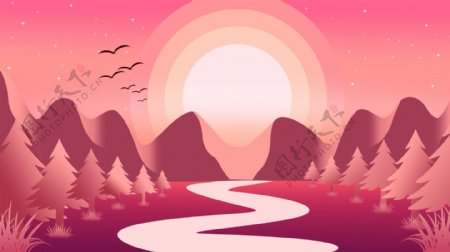山峰树木环绕的河水红色卡通背景