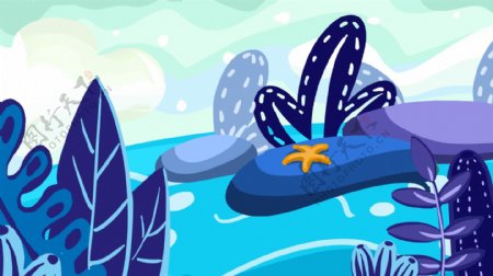 蓝色树叶海洋石头海星卡通背景