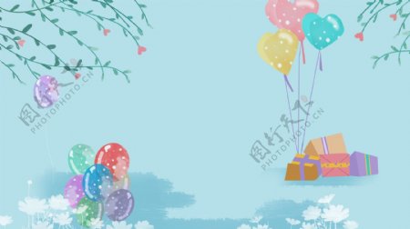 节日礼物气球柳叶蓝色背景
