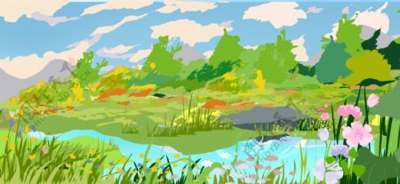 卡通彩色池塘树木天空插画背景