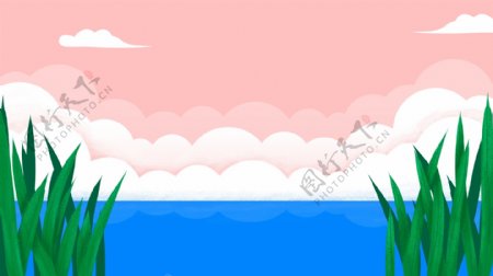 粉色卡通小清新湖水天空运动插画背景