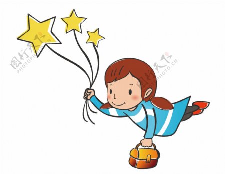卡通童话女孩拿着星星气球去上学矢量元素