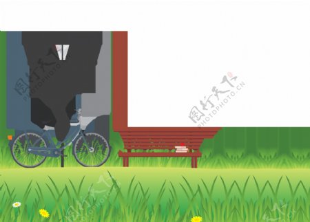 清新绿色草地路灯椅子自行车png元素