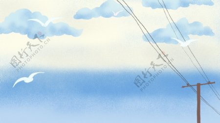 白鹭云层电线杆背景素材