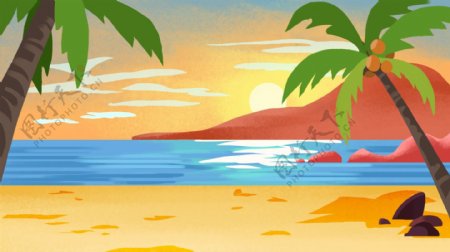 彩绘海边椰树海滩背景