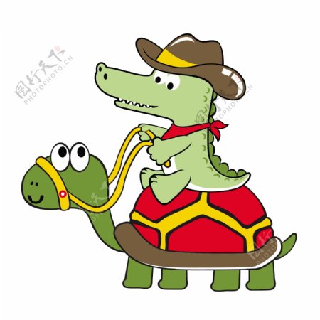 鳄鱼骑乌龟可爱卡通动漫装饰图