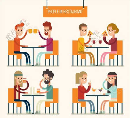 4组创意餐厅用餐的人物矢量图