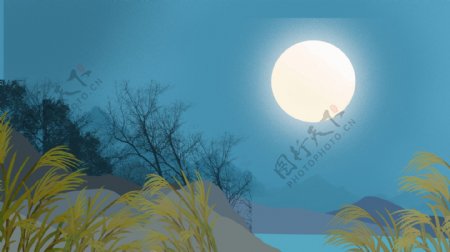 月下芦苇塘芦苇蒹葭插画背景设计