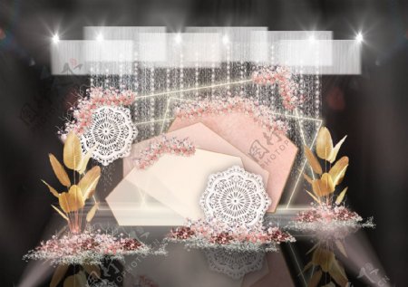 粉色异材质几何背景镂空雕花创意婚礼效果图