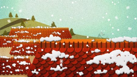 彩绘冬天雪花屋顶背景设计