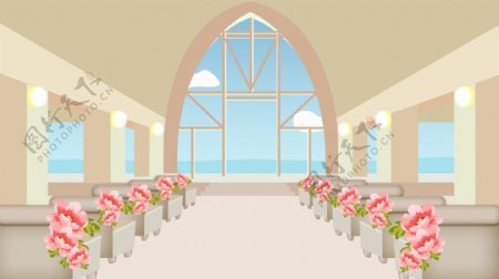 清新婚礼季教堂背景卡通设计