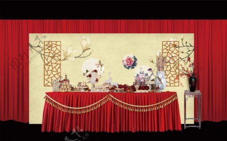 中国风红色中式婚礼甜品区工装婚礼效果图
