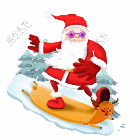 圣诞节圣诞老人出行滑滑板酷炫场景手绘插画