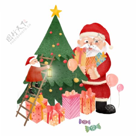 手绘卡通圣诞老人装饰圣诞树原创元素