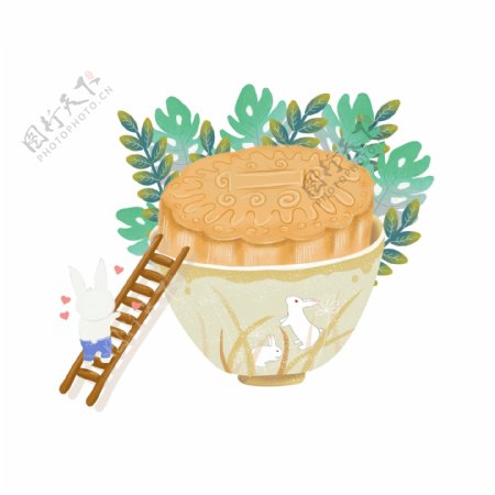 手绘中秋节玉兔爬梯子吃月饼绿叶碗小清新