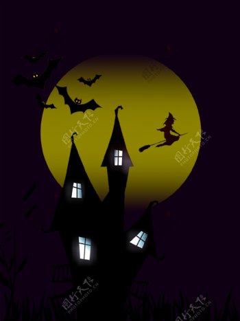 万圣节魔女蝙蝠月亮小屋海报背景