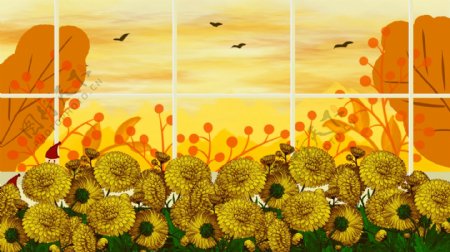 金色花朵橙色花叶玻璃卡通背景