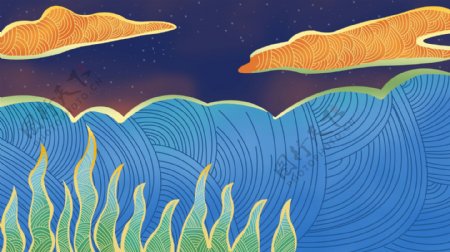 流光溢彩大海植物插画背景设计