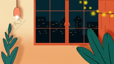 温馨家庭窗户外城市夜景插画背景图
