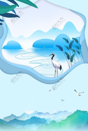 简约蓝色湖面白鹤寒露节气背景素材