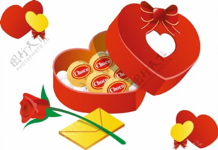 红色爱心礼盒与玫瑰信封矢量图