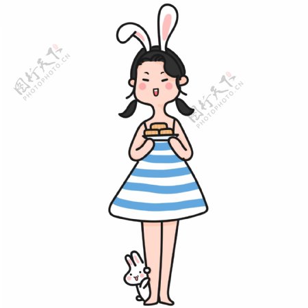 中秋节兔女郎月饼兔子可爱卡通手绘女孩人物