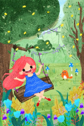 树林里荡秋千的女孩儿童节背景图