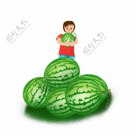小孩子抱西瓜绿色手绘水果元素