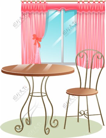 客厅里简约桌椅与粉丝窗帘