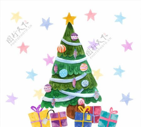 水彩绘圣诞树和礼盒