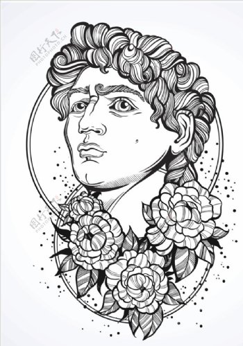 手绘雕像人物花朵花卉矢量图下载